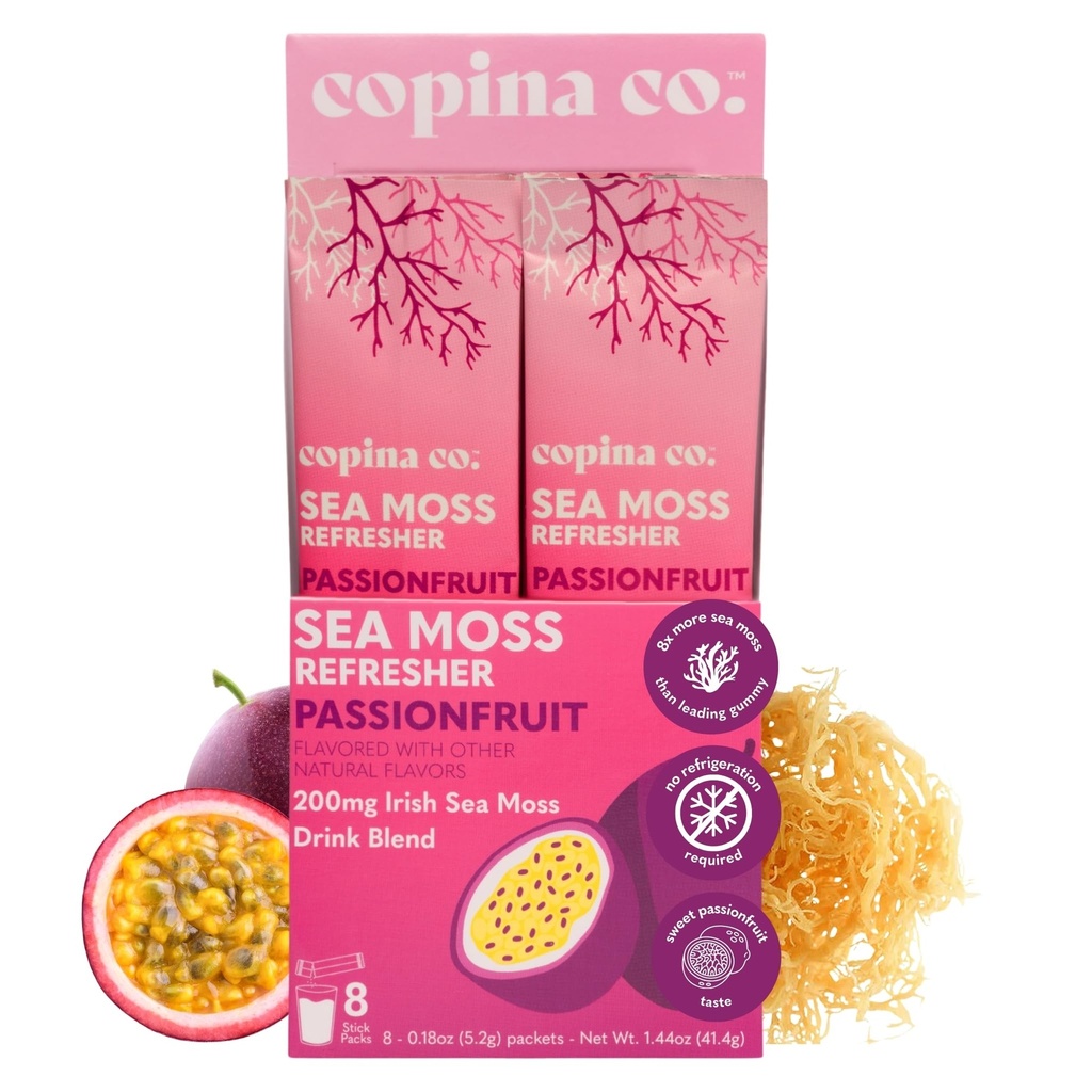 Copina Co. Organic Irish Sea Moss Powder - 200mg Packets - Passion Fruit Flavored Seamoss Drink with Electrolyte-Rich Coconut Water for Natural Hydration, Muscle Recovery - 8 Stick Packs