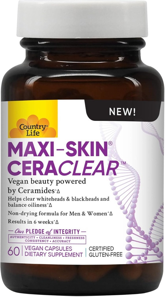 Country Life Maxi-Skin CeraClear, 60 Vegan Capsules – Klinisch studierte Konjac Root Ceramide, um klare, hydrierte Haut zu unterstützen und Hyperpigmentierung zu verbessern – Glutenfrei, Vegan, Kosher