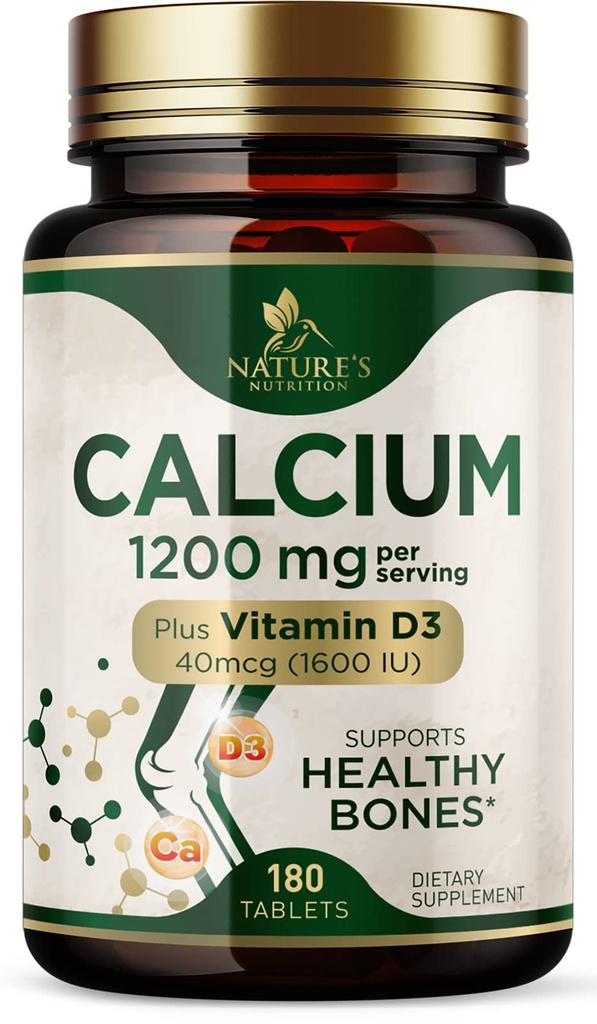 Calcium 1200 mg with Vitamin D3 - Per Serving - Bone Health Supplement - Vitamin D & Calcium Supplements for Women & Men - Bone Strength Support - Natural Calcium Pills - Bottled in USA - 180 Tablets