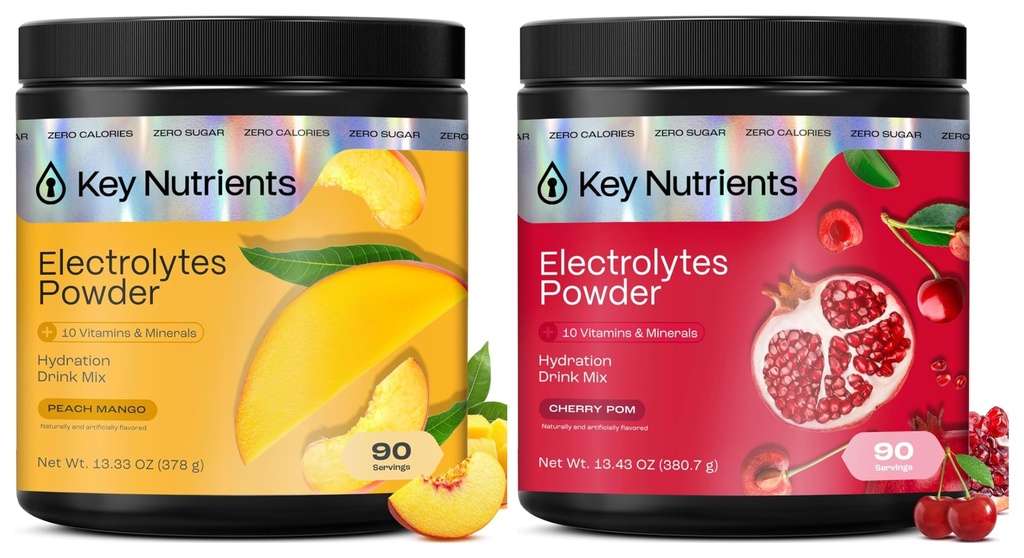 KEY NUTRIENTS Electrolytes Powder Bundle, Tropical Peach Mango 90 Servings Jar + Sweet Cherry Pom 90 Servings Jar, Sugar Free Hydration Drink Mix with Vitamins & Minerals, No Calories
