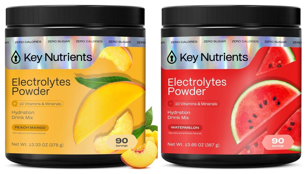 KEY NUTRIENTS Electrolytes Powder Bundle, Tropical Peach Mango 90 Servings Jar + Juicy Watermelon 90 Servings Jar, Sugar Free Hydration Drink Mix with Vitamins & Minerals, No Calories