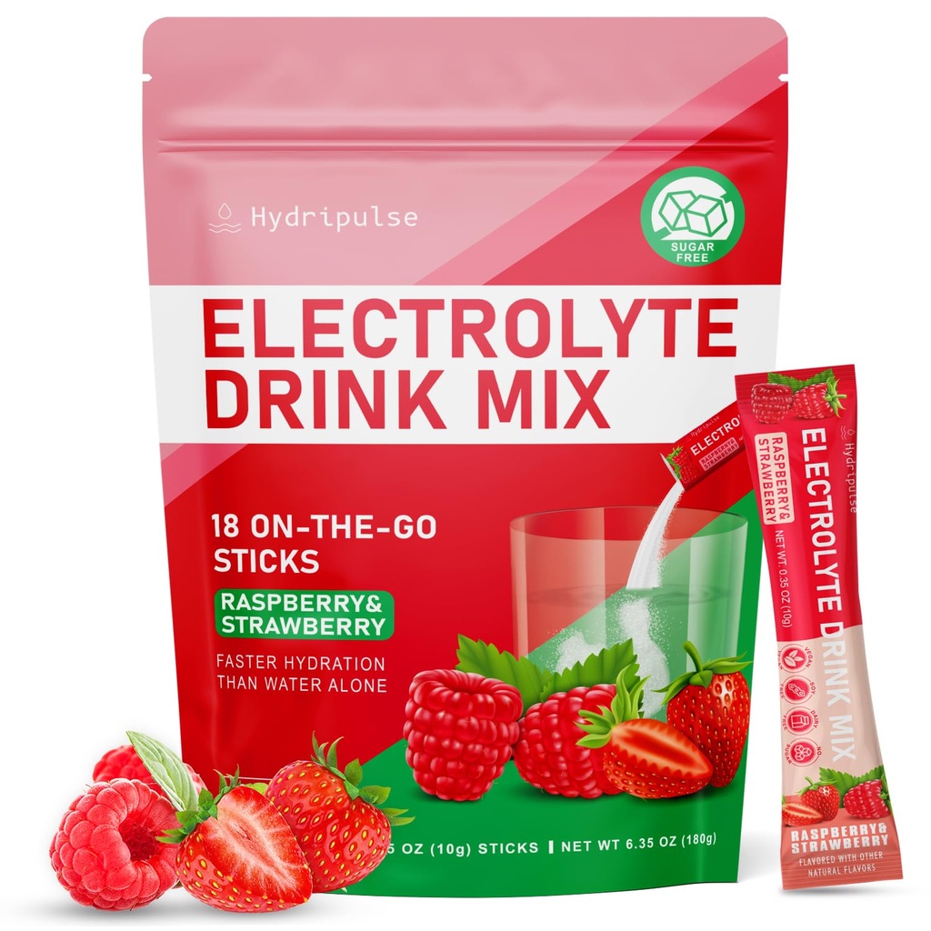 Electrolytes Powder Packets - Sugar Free, Naturally Flavored, 10 Electrolyte & Vitamins Electrolyte Drink Mix - Raspberry & Strawberry Flavors, Keto Friendly, Vegan, Non- GMO, 18 Packets