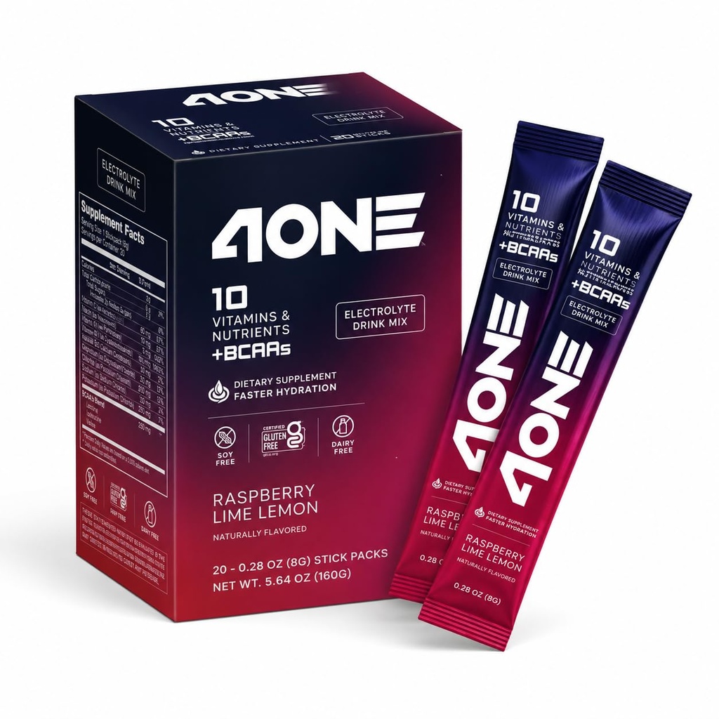 4ONE Electrolyte Drink Mix Powder with BCAAs & Vitamins, Sports Hydration Powder, 20 Electrolyte Stick Packs, Raspberry Lime Lemon