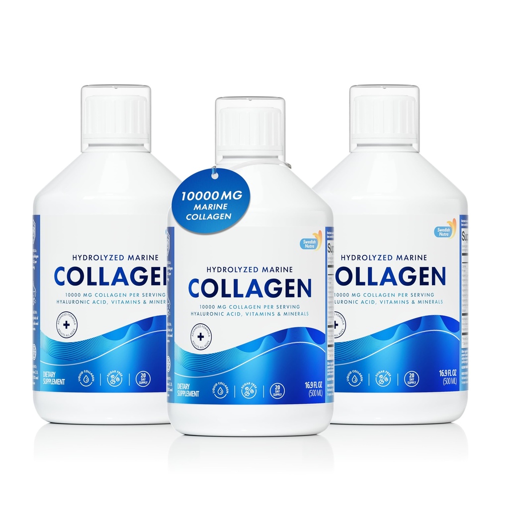 Swedish Nutra - 10,000 mg Hydrolyzed Marine Collagen Liquid Supplement - 3 x 500 ml (1500 ml), 60-Day Supply | Hyaluronic Acid, Biotin, and Vitamin C for Hair