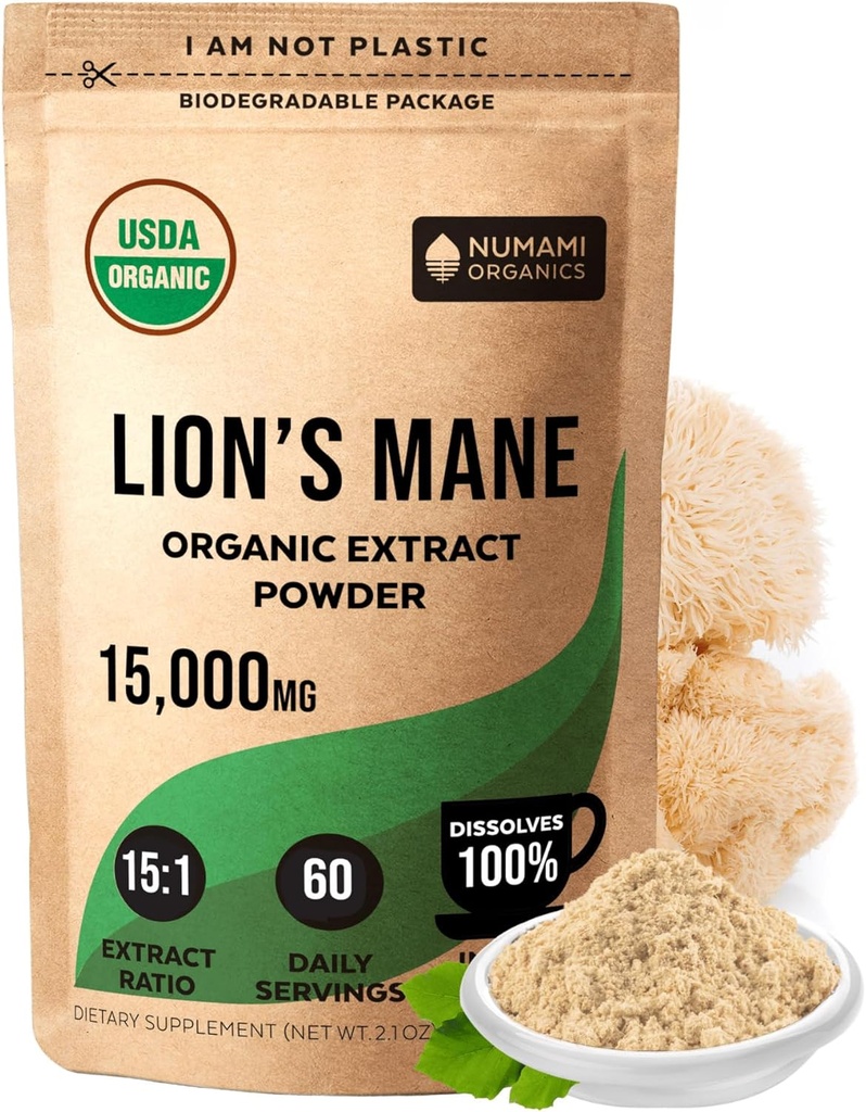 Numami Bio Lions Mane Mushroom Extrakt Pulver | Doppelextraktion für hohe Potenz | Leicht löst sich in täglicher Tee-Kaffee oder Smoothie zur Verbesserung der kognitiven Funktion