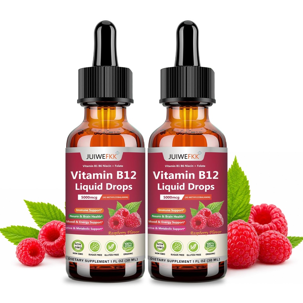 2 Pack Liquid Vitamin B12 Drops 5000 mcg - Extra Strength B12 Methylcobalamin with B1 B6 B3 Folate Niacin - Fast Absorption Sublingual B-12 Drops for Energy Metabolism & Brain Function