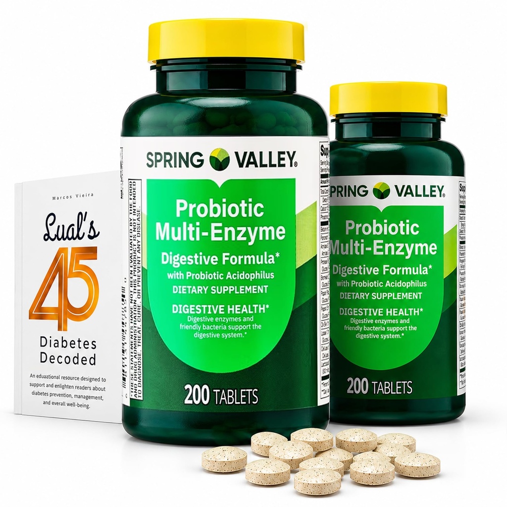 LUAL Probiotic Multi-Enzyme Digestive Formula Bundle, 2 Bottles, 200 Count | Bundle with Luall’s 45 Diabetes Decoded eBook