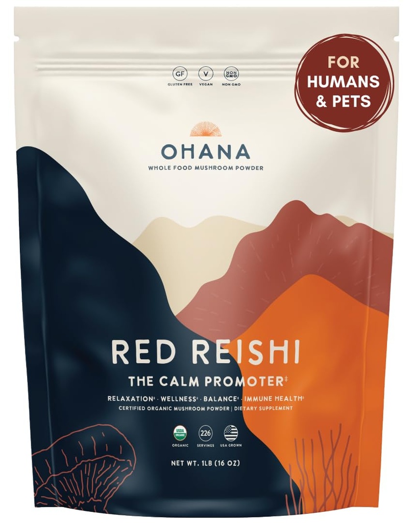 Ohana Red Reishi, Organic Mushrooms Powder Blend, USDA-Organic Whole Food Mushroom Supplement, Non-GMO, Gluten-Free, 1 lb Bag, Pack of 1 | Non-GMO, Vegan, Keto and Paleo Diets, for Coffee Tea Shakes Smoothies