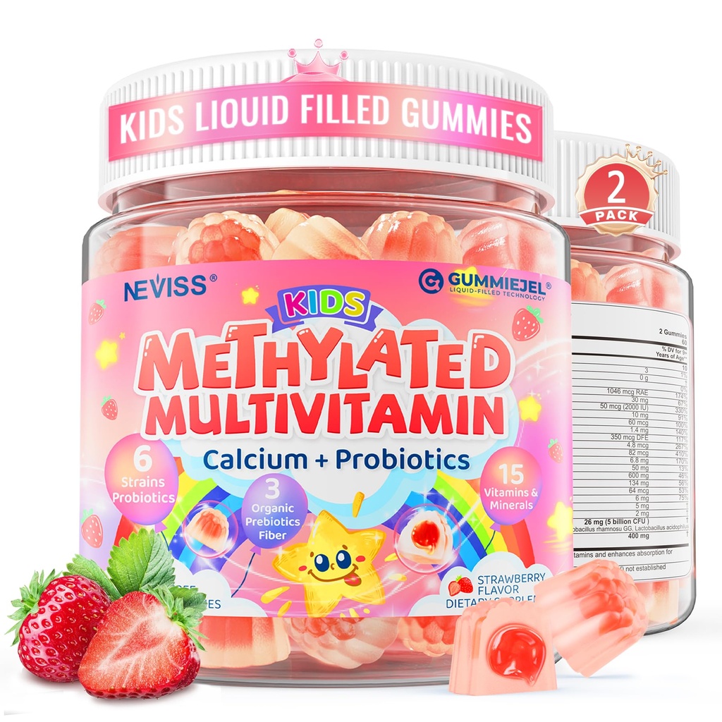 Vitamins for Kids 4+, Methylated Multivitamin Gummies w/Calcium, Probiotics | Methylfolate, Methyl B12, B6, Vitamin A, D3 K2, C, E, Zinc, Magnesium for Immunity, Bone, Growth, Energy, Sugar Free, 120 Cts