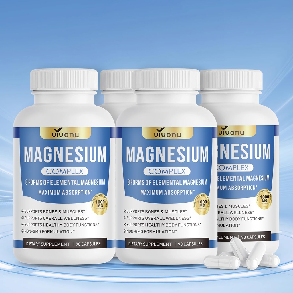 1000mg Magne* sium Complex for Women & Men, 8 Elemental with Glycinate, Citrate, Malate, Taurate, Oxide, Carbonate, Aspartate, Orotate for Bones, Muscle, Recovery, Energy (4 Bottle 360 Capsules)