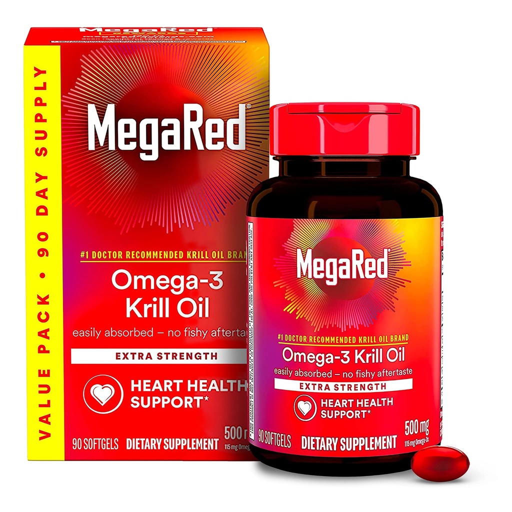 MegaRed Antarktis Krill Öl 500mg Omega 3 Fettsäure-Ergänzung, extra Stärke EPA & DHA Krill Öl Softgels (90cnt Box), Astaxanthin, Herzgesundheits-Ergänzung mit keinen Fisch Öl Nachgeschmack