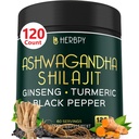 Herbpy 5in1 Ashwagandha Extra Strength with Shilajit for Stamina, Energy & Relaxation Support - Plus Ginseng, Turmeric Root & Black Pepper - 120 Count