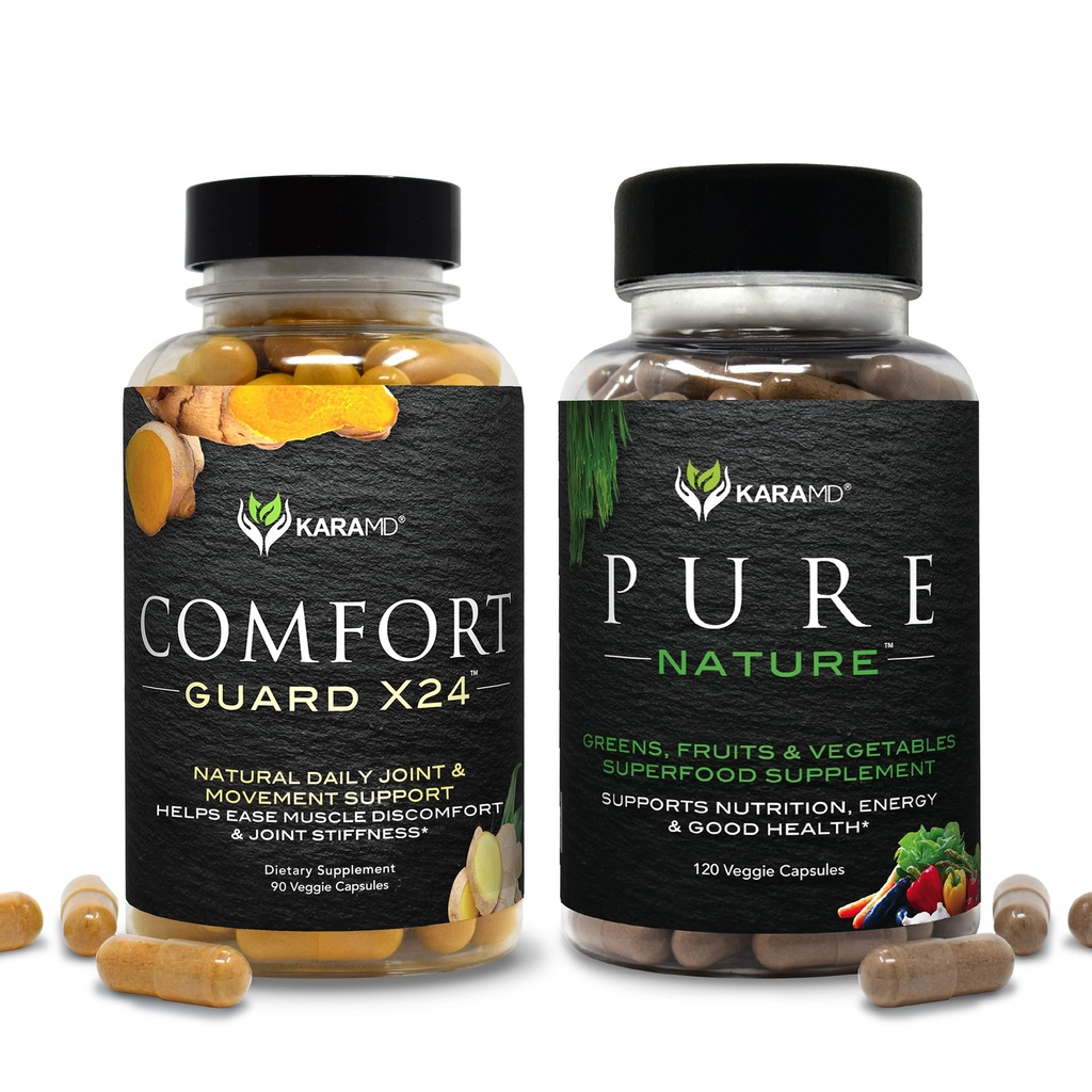 KaraMD Pure Nature & Comfort Guard Bundle | Whole Food Greens, Fruits & Vegetables Supplement + Bewegungsunterstützung | Non-GMO, Vegan, Glutenfrei (30 Portionen pro Stück)
