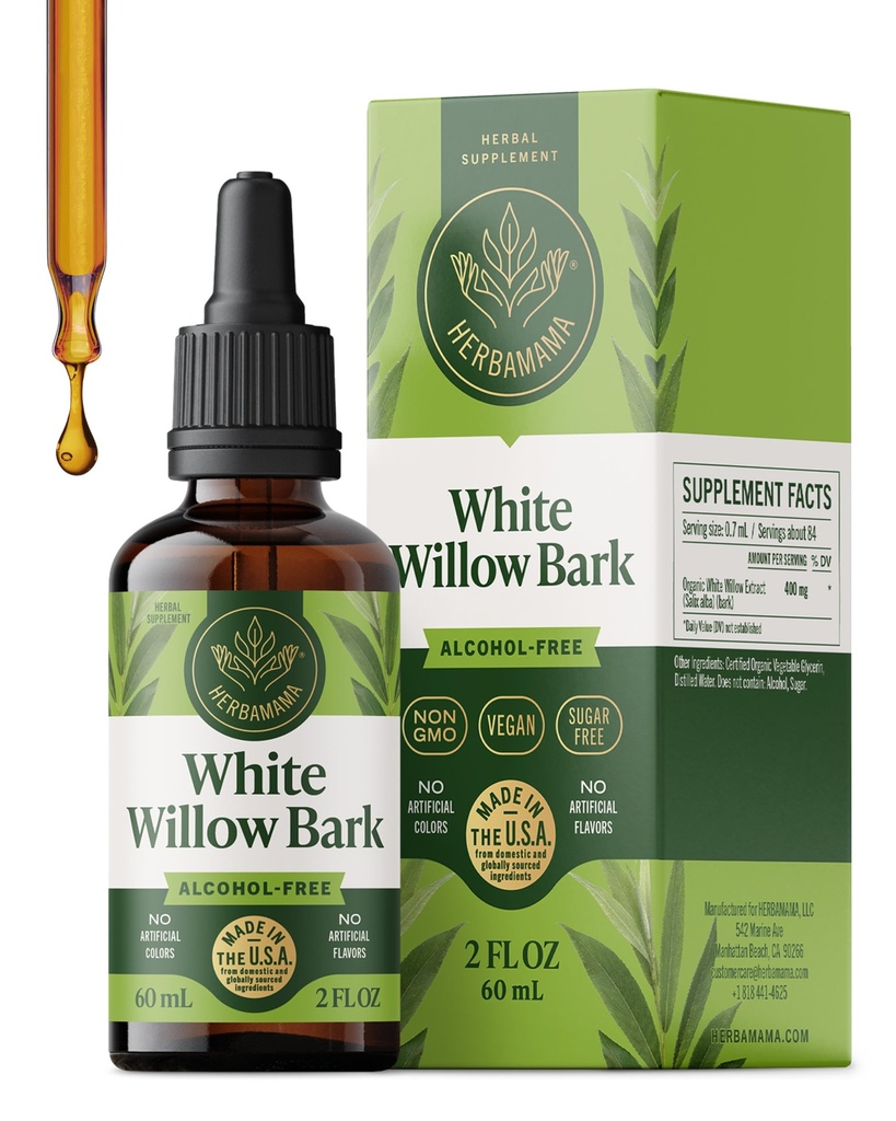 HERBAMAMA White Willow Bark Tincture - Joint Supplements for Men & Women | Muscle Recovery Supplements • Non-GMO • Alcohol & Sugar-Free • Vegan • Liquid Formula • 42-Day Supply • 2 fl oz