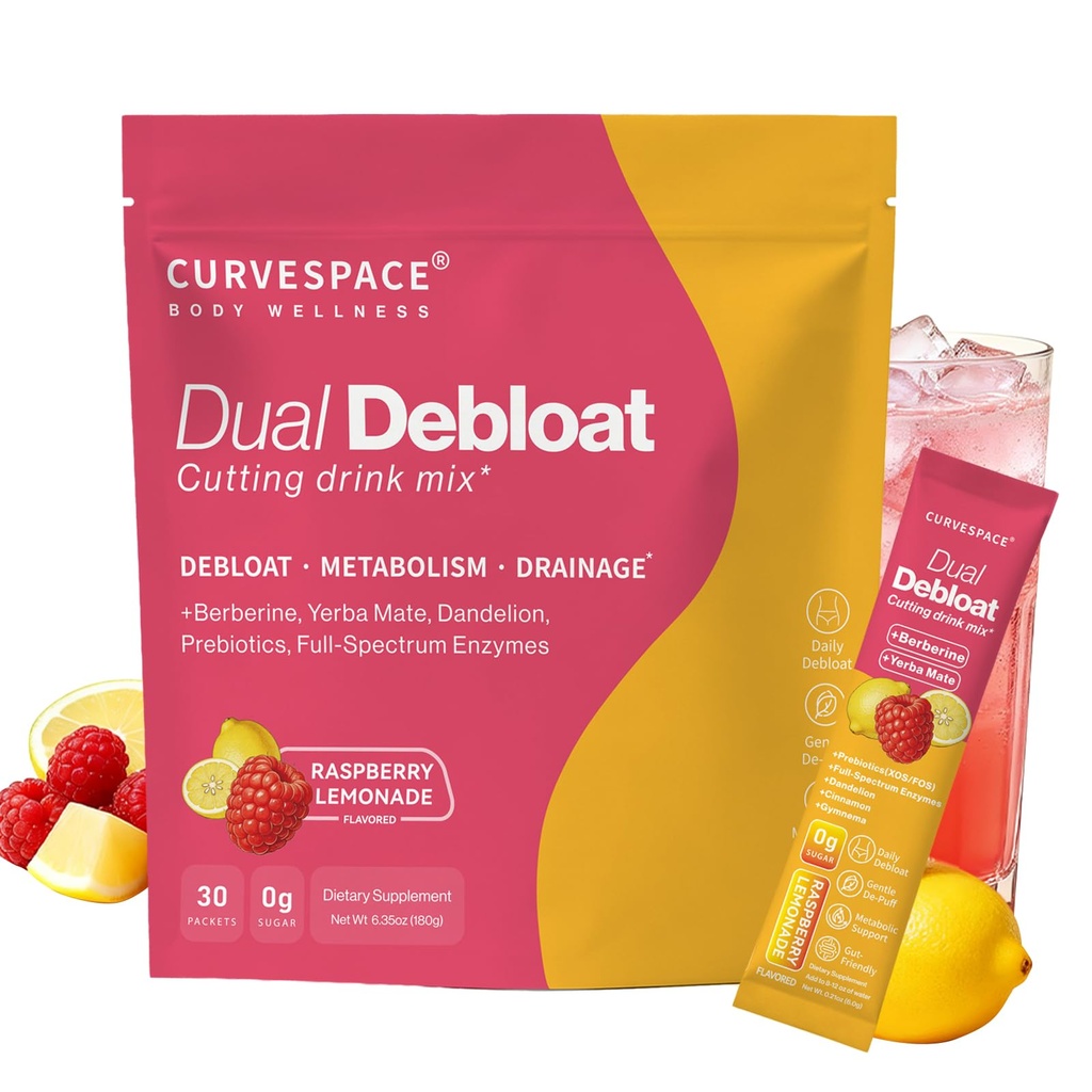 Dual Debloat Cutting Drink Mix Metabolic Support with Berberine, Yerba Mate & Prebiotics (XOS/FOS), Digestive Enzymes & Dandelion, Cleavers, Raspberry Lemonade, 0g Sugar, 30 Packets