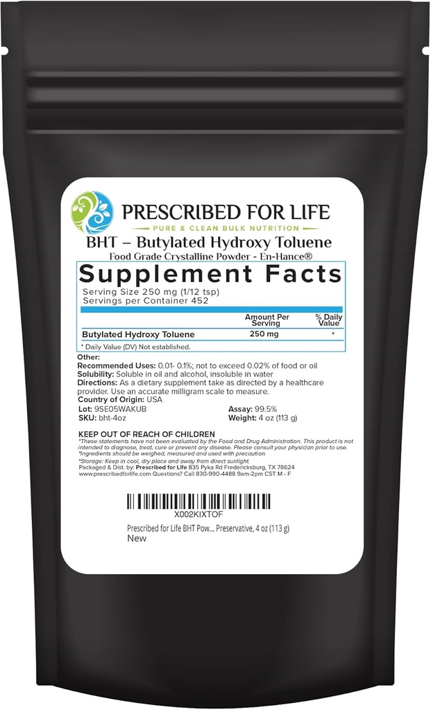 Verschrieben für das Leben BHT Pulver, pulverisierte Butylierte Hydroxytoluol für die Lebensmittelkonservierung, Vegan, Glutenfrei, Non GMO, ungebleicht, Sojafrei (4oz / 113g)