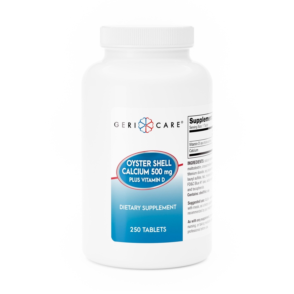 GeriCare Oyster Shell Calcium 500mg + Vitamin D, Bone Health, Nutritional Supplement Tablets, 250 Count (1 Pack)