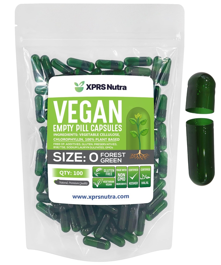 XPRS Nutra Größe 0 Leere Kapseln - 100 Zähler leere vegane Kapseln - Vegetarische Pillen - DIY Gemüse Kapsel Füllung - Veggie Pillen Kapseln für Do-It-Yourself Ergänzungen (Forest Green)