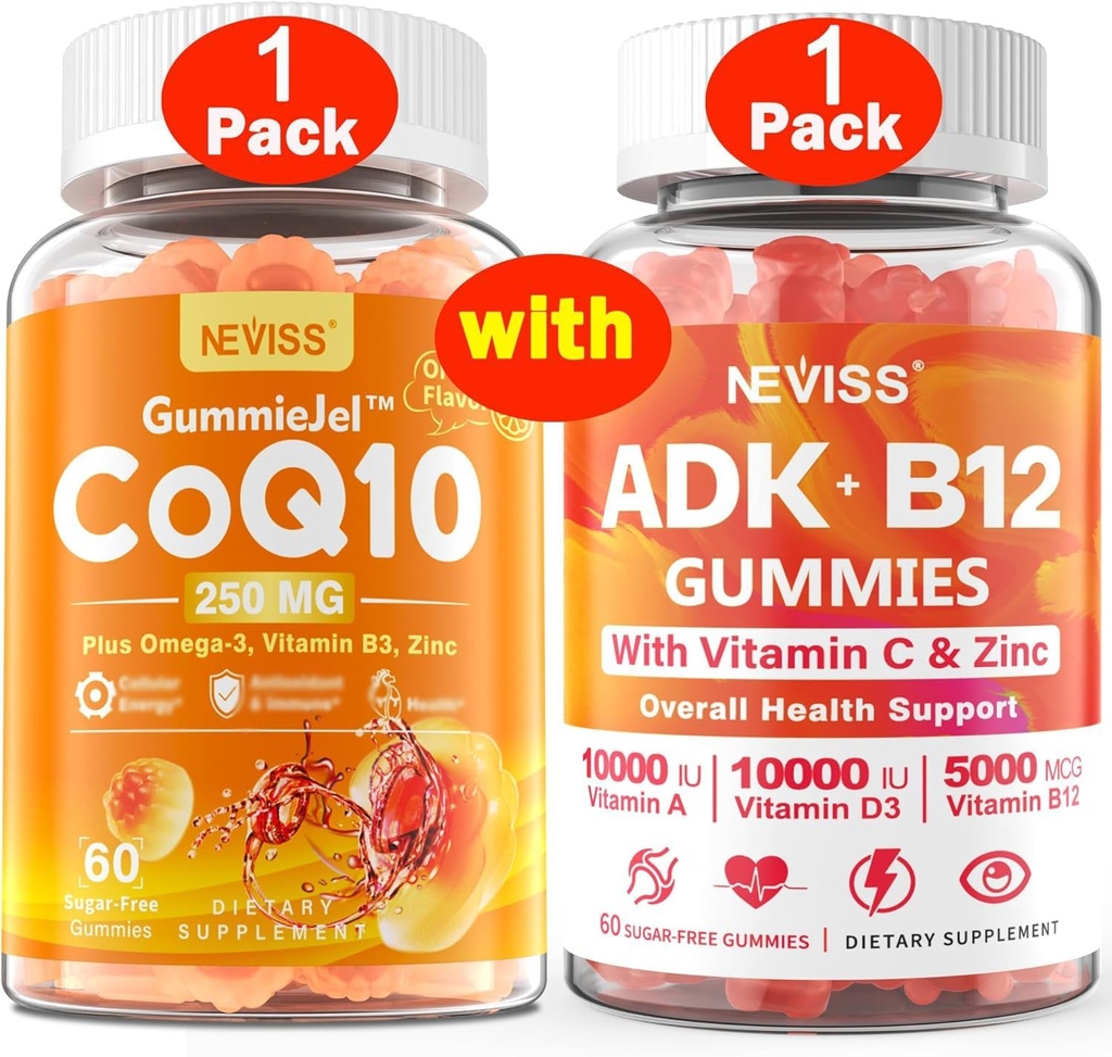 NEVISS 1Pack CoQ10-250mg Gefüllte Gummis + 1Pack Vitamin ADK mit B12 Gummi