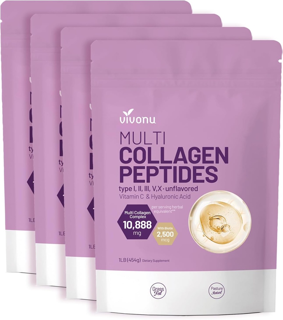 VivoNu Multi Collagen Peptide Powder, 16 Oz Hydrolysed Protein Peptide | Typ I,II,III,V,X mit Hyaluronsäure, Biotin & Vitamin C Unflavored Keto Paleo Friendly, Ez Mix in Getränken (4LB/4Pack)
