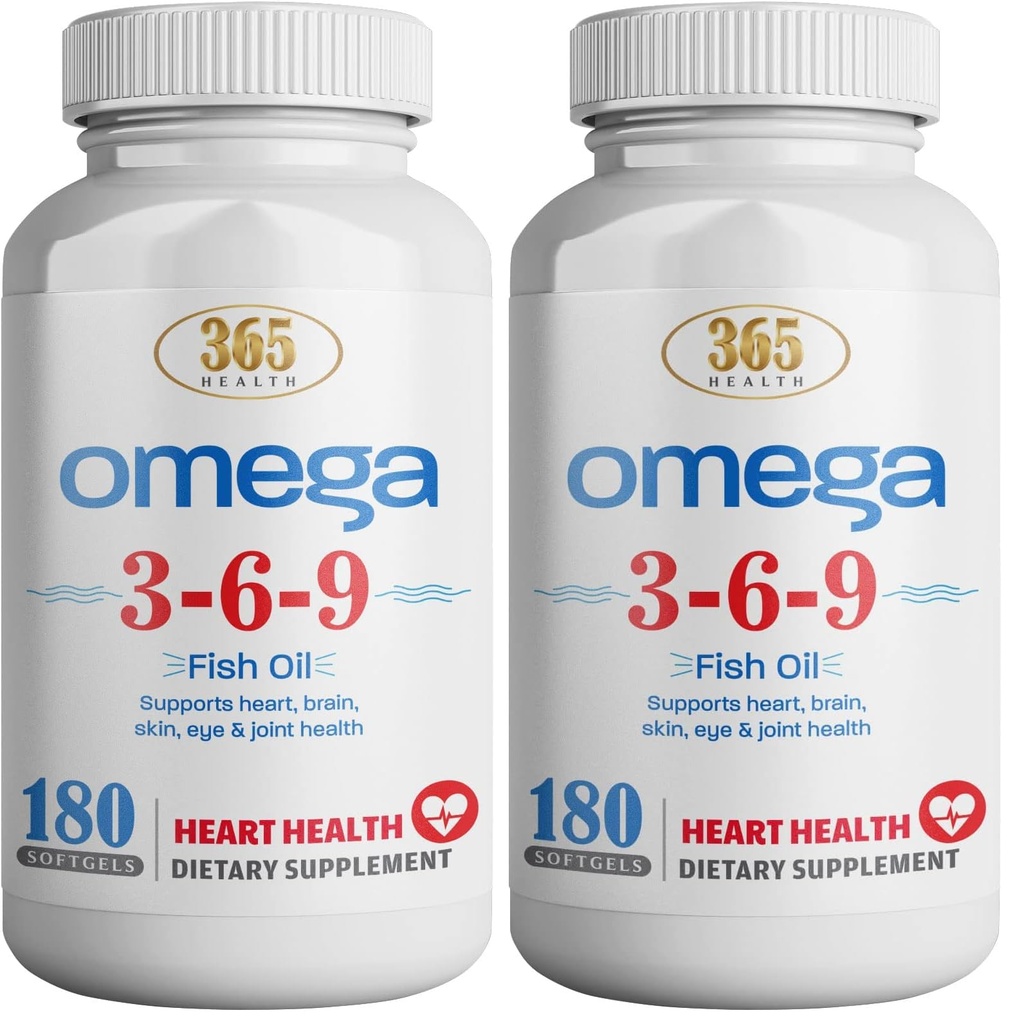 365 Health Omega 3-6-9 180 Softgels | from Fish, Flaxseed, Borage Oils | Non-GMO & Gluten Free (Pack of 2)