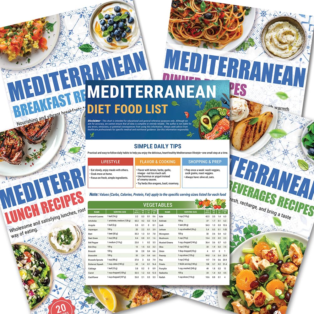 HAMIEW Mediterranean Diet Food List, 5 Pack - 80+ Easy Meal Planner Recipes | Guide for Beginners (Laminated), Mediterranean Ingredient Meal Plan, Serving Sizes Calories Net Carbs, Diabetes-Friendly