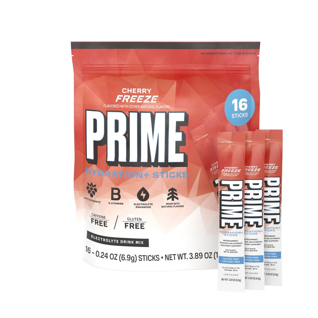 PRIME HYDRATION+ Sticks Kirsche Freeze | Hydration Pulver Einzelne Serviersticks | Elektrolyt Pulver auf dem Go | Niedriger Zucker | Koffeinfrei | Vegan | 16 Sticks