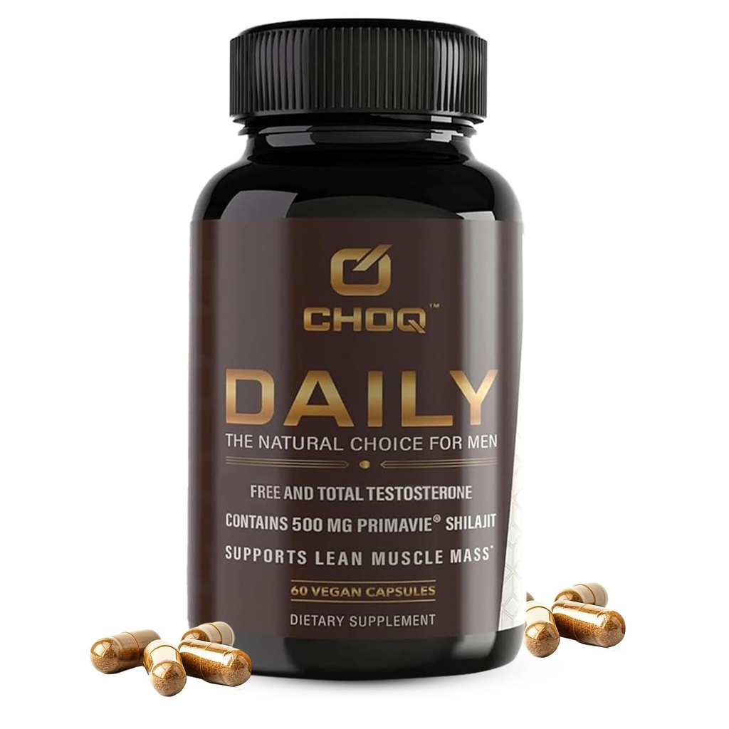 CHOQ Daily with 500mg Purified Shilajit, Safed Musli, Tribulus - Natural Energy, Libido & Muscle Support - Daily Supplement for Men, 60 Vegan Capsules