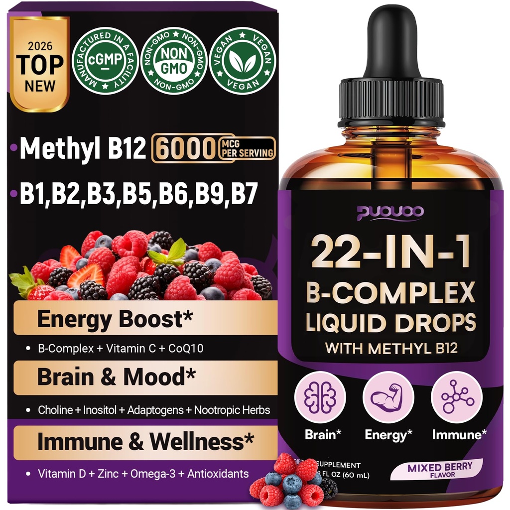 Vitamin B Complex Liquid Drops, 22-in-1 Active B Formula | Methylated B Vitamins with Lion's Mane, CoQ10 & Magnesium to support energy, focus, brain health & daily wellness