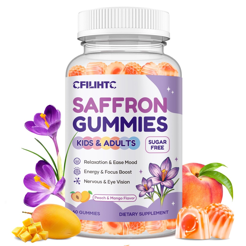 Saffron Gummies for Kids & Adults, 20-in-1 Saffron Supplements with 88.5mg Saffron Extract, B6, B12, C, D3, Magnesium for Calm, Focus, Nerve, Sugar Free, Vegan, Non-GMO, Peach Mango Flavor, 60 Counts