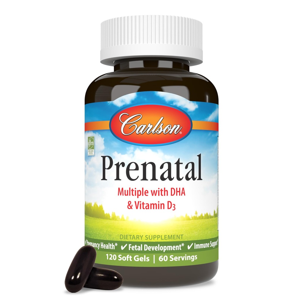 Carlson Prenatal, Multiple with DHA & Vitamin D3, 120 Softgels | Pregnancy Health; Fetal Development; Important Nutrients for Baby and Mom