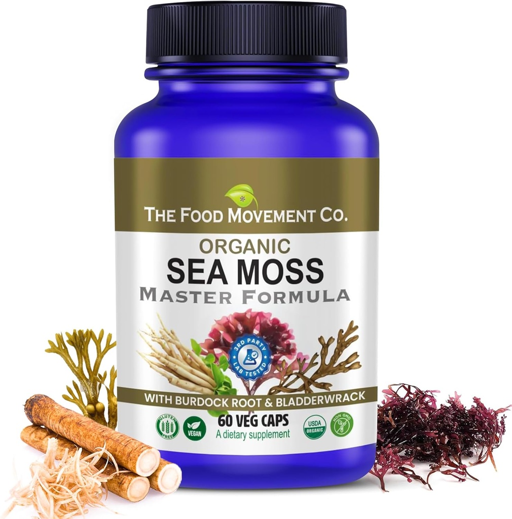 THE FOOD MOVEMENT CO. Sea Moss Master Formel mit Burdock Root & Bladderwrack für Gut Gesundheit | Organic Vegan Ergänzung für Frauen & Männer | Irish Sea Moss Blend für Optimal Well-Being (60)