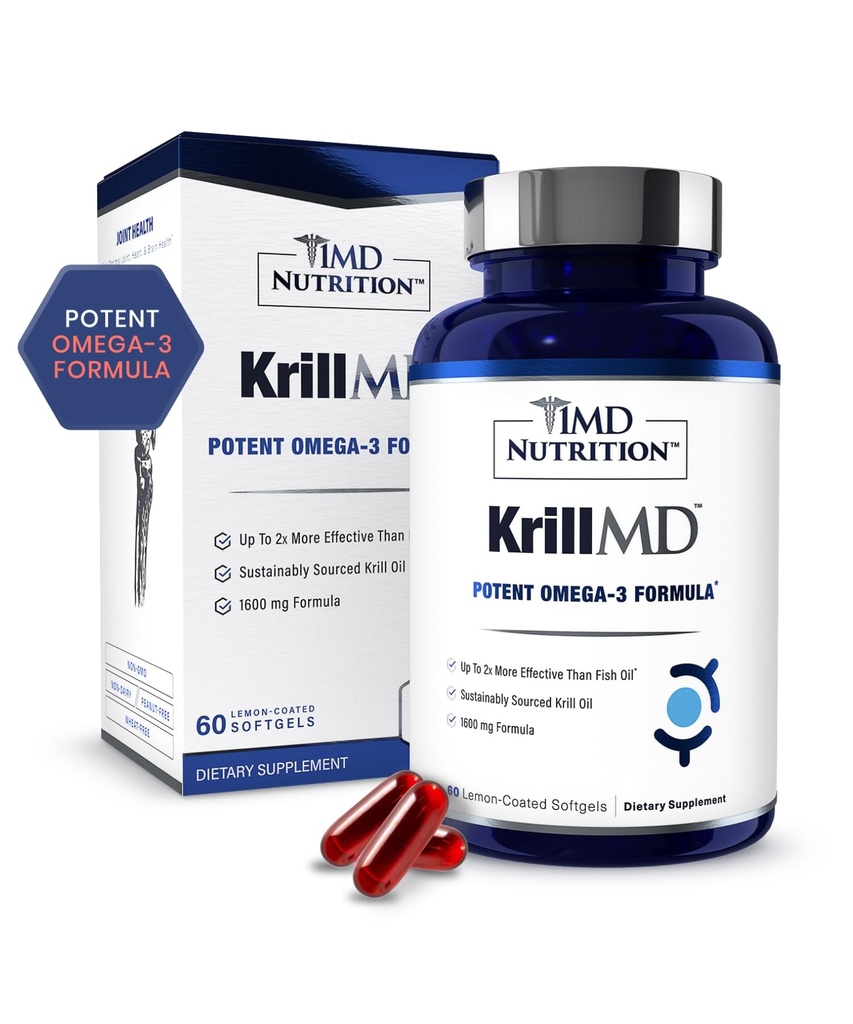 1MD Nutrition KrillMD - Antarctic Krill Oil Omega 3 Supplement mit Astaxanthin, EPA, DHA | 2X Mehr Effektive Than Fish Oil | 60 Softgels