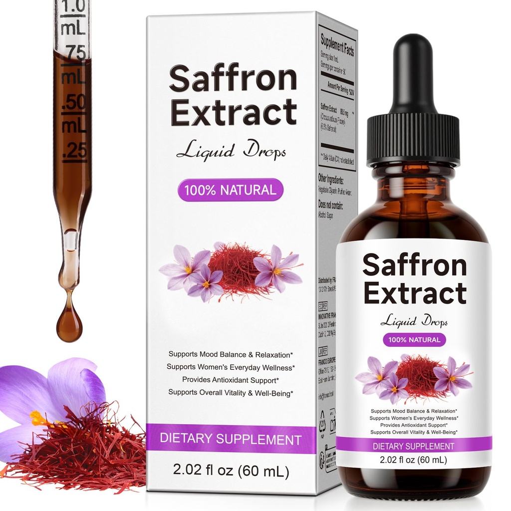 Saffron Extract Liquid Drops – Alcohol-Free Tincture for Mood Support, Stress Relief & Antioxidant Protection – Sugar-Free Herbal Supplement with 88.5 mg Crocus Sativus per Serving – 60 mL (2 fl oz)