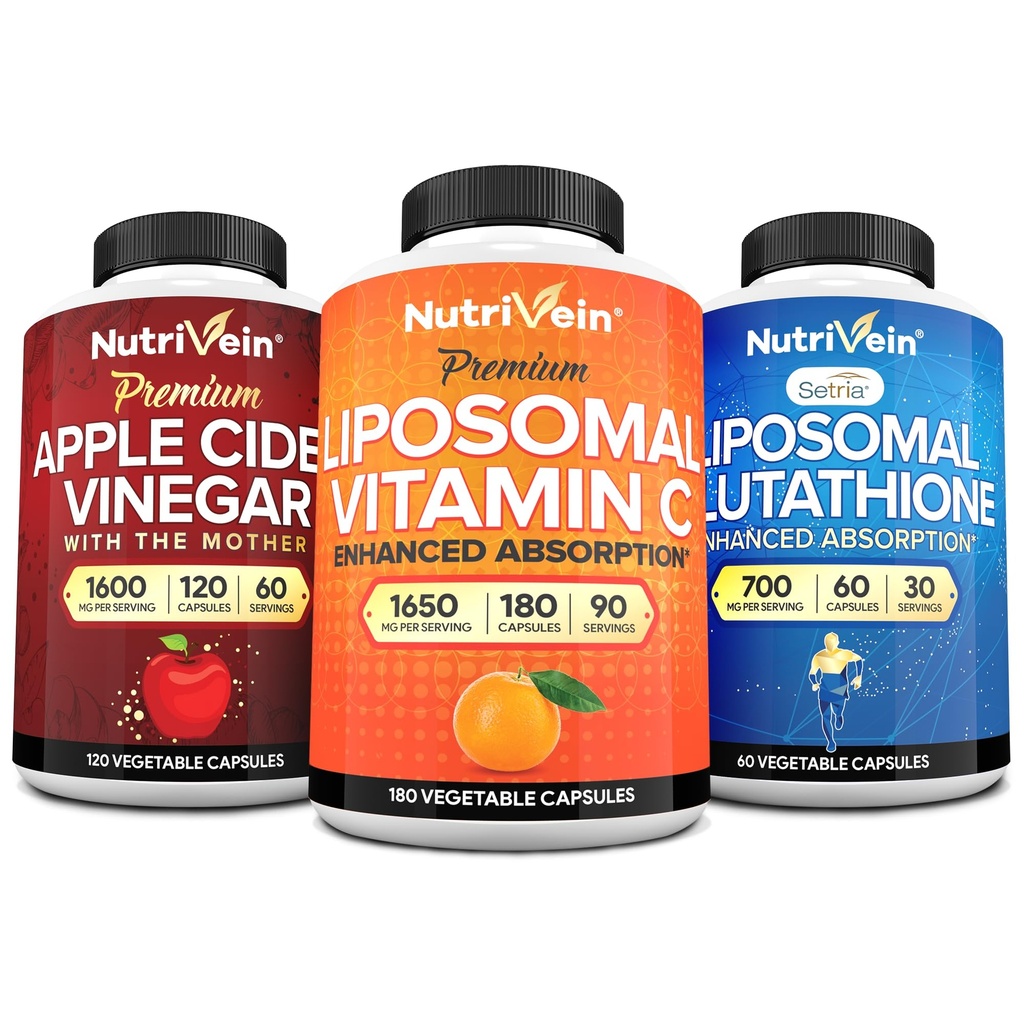 Nutrivein Premium Liposomal Glutathione, Apple Cider Vinegar Capsules, & Vitamin C Supplement Bundle: Vitamin C, ACV Capsules, & Glutathione Supplement Bundle for Cellular Defense & Detox