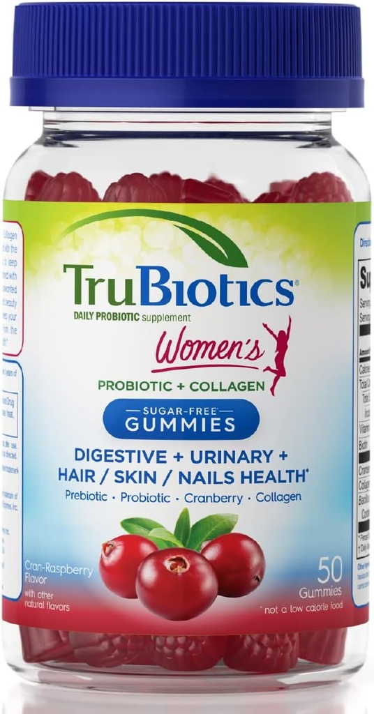 TruBiotics Probiotic Gummies with Collagen for Womens Digestive/Urinary/Hair/Skin/Nails Health, Sugar Free Prebiotics & Probiotics for Women, Collagen, Biotin, Vitamin C & Cranberry Extract, 50 Count