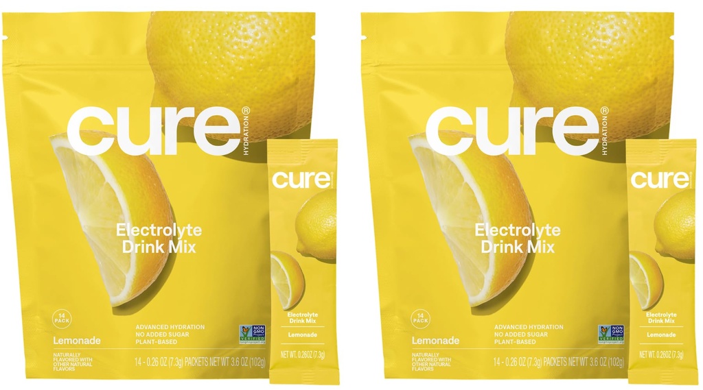 Cure Hydration - Electrolyte Drink Powder Lemonade 28 Packets | Plant-Based Dehydration Relief Mix Made with Coconut Water, No Added Sugar, Vegan, Non-GMO, Gluten Free, FSA-HSA Eligible
