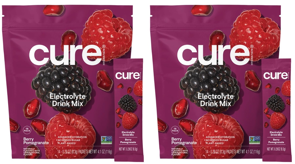 Cure Hydration - Electrolyte Drink Powder Berry Pomegranate 28 Packets | Plant-Based Dehydration Relief Mix Made with Coconut Water, No Added Sugar, Vegan, Non-GMO, Gluten Free, FSA-HSA Eligible