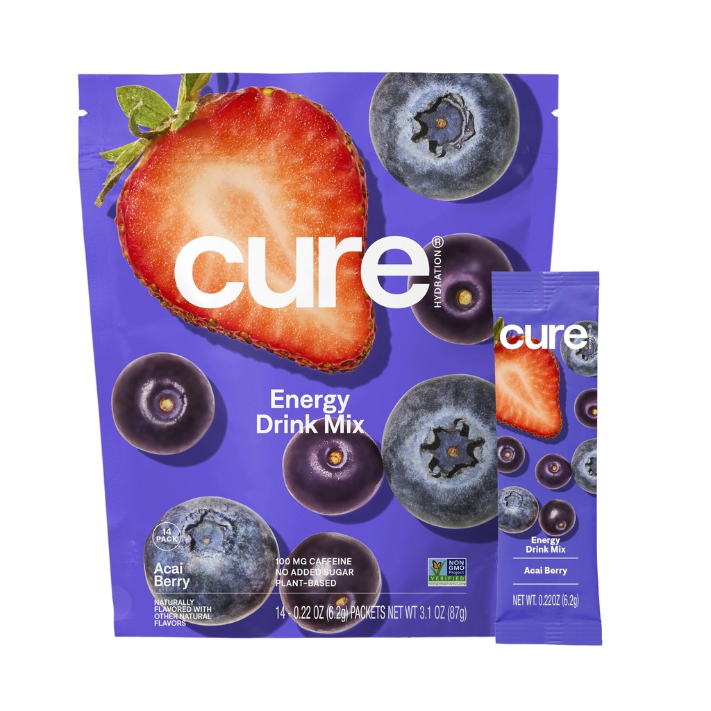 Cure Hydration - Energy Electrolyte Drink Powder Acai Berry 14 Packets | 100mg Caffeine Rehydration Mix with Coconut Water, Plant-Based, No Added Sugar, Non-GMO, Gluten Free and 340mg Electrolytes