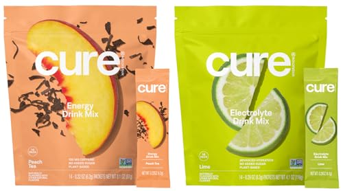 Cure Hydration | Plant-Based Electrolyte Drink Mix | Energy & Dehydration Bundle | No Sugar | Coconut Water |100mg Caffeine | Non-GMO | Vegan | 14-Pack Each: Peach Tea & Lime