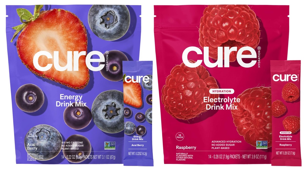 Cure Hydration | Plant-Based Electrolyte Drink Mix | Energy & Dehydration Bundle | No Sugar | Coconut Water |100mg Caffeine | Non-GMO | Vegan | 14-Pack Each: Acai Berry & Raspberry
