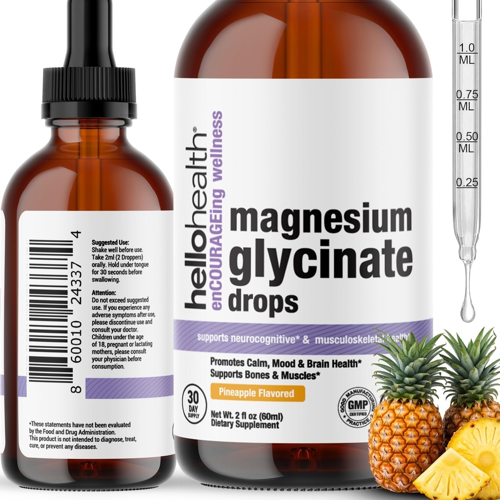 Magnesium Glycinate Liquid Drops Supplement for Women, | Men & Kids – magnesio Bisglycinate 100 mg for Natural Calm, Muscle Recovery – Liquid Vitamins (30 Days) Pineapple Flavour