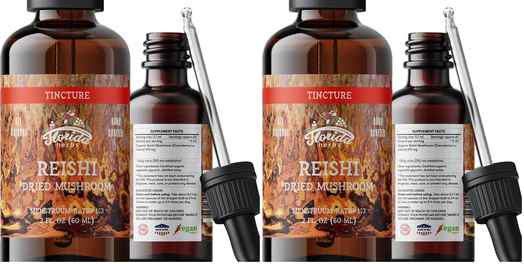 Reishi Tincture, Organic Reishi Mushroom Extract (Ganoderma Lucidum) Dried Mushrooms Supplement, Non-GMO in Cold-Pressed Organic Vegetable Glycerin 700 mg, 2 oz (60 ml) (Pack of 2)