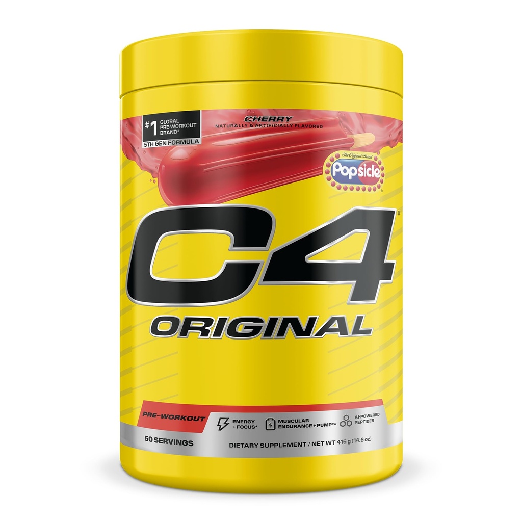C4 Original Pre Workout Powder with 200mg Caffeine, 50 Servings | Cherry popsicle flavor with 200mg caffeine, creatine nitrate, L-arginine & beta-alanine for energy and pumps.