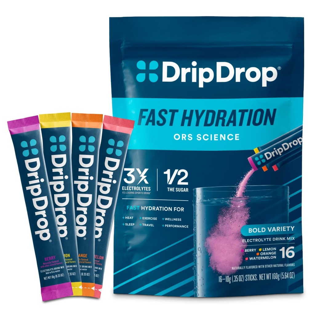 DripDrop Hydration Packets - Bold Variety Pack - Single Serve Electrolytes Powder Drink Mix - Wassermelone, Berry, Zitronen, Orange - Non-GMO, Glutenfrei, Vegan - 16 Sticks