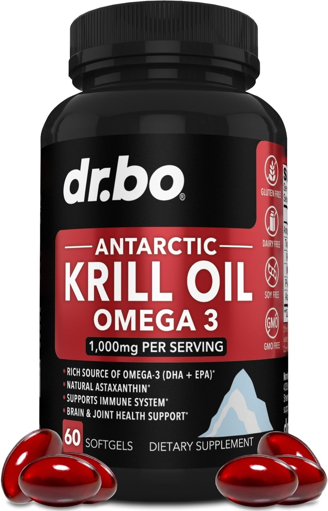 Krill Öl Omega 3 500mg - Antarktis Krill Öl 1000mg Softgels Kapseln EPA, DHA, Astaxanthin, Phospholipide - Omega 3 Fettsäuren Beilagen, Natürliche reine Beilagen für Frauen und Männer - 60 Softgels