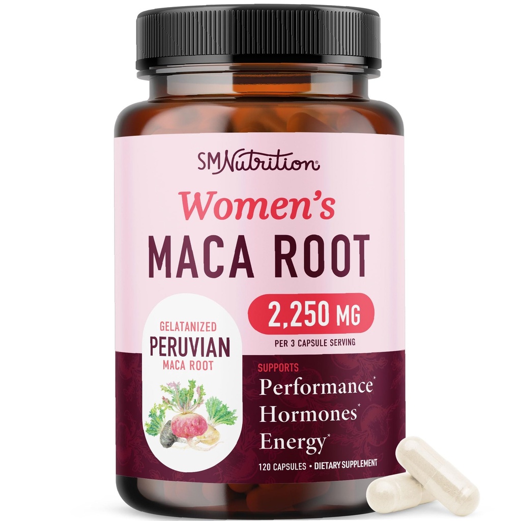 Bio Maca Root Capsules für Frauen | Peruvian Maca 2250MG Extra Strength | Red, Black & Yellow Root Powder mit schwarzem Pfeffer | Kräuterergänzung zur Unterstützung von Energie & Hormon Balance | 120 Ct