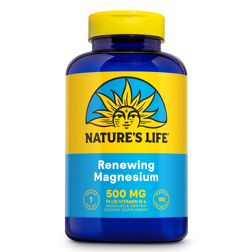 Natures Life Renewing Magnesium 500 mg - Plus Vitamin B-6 - Muskeln und Nerven Unterstützung - Lab Verified (180 Servierungen, 180 VegCaps)
