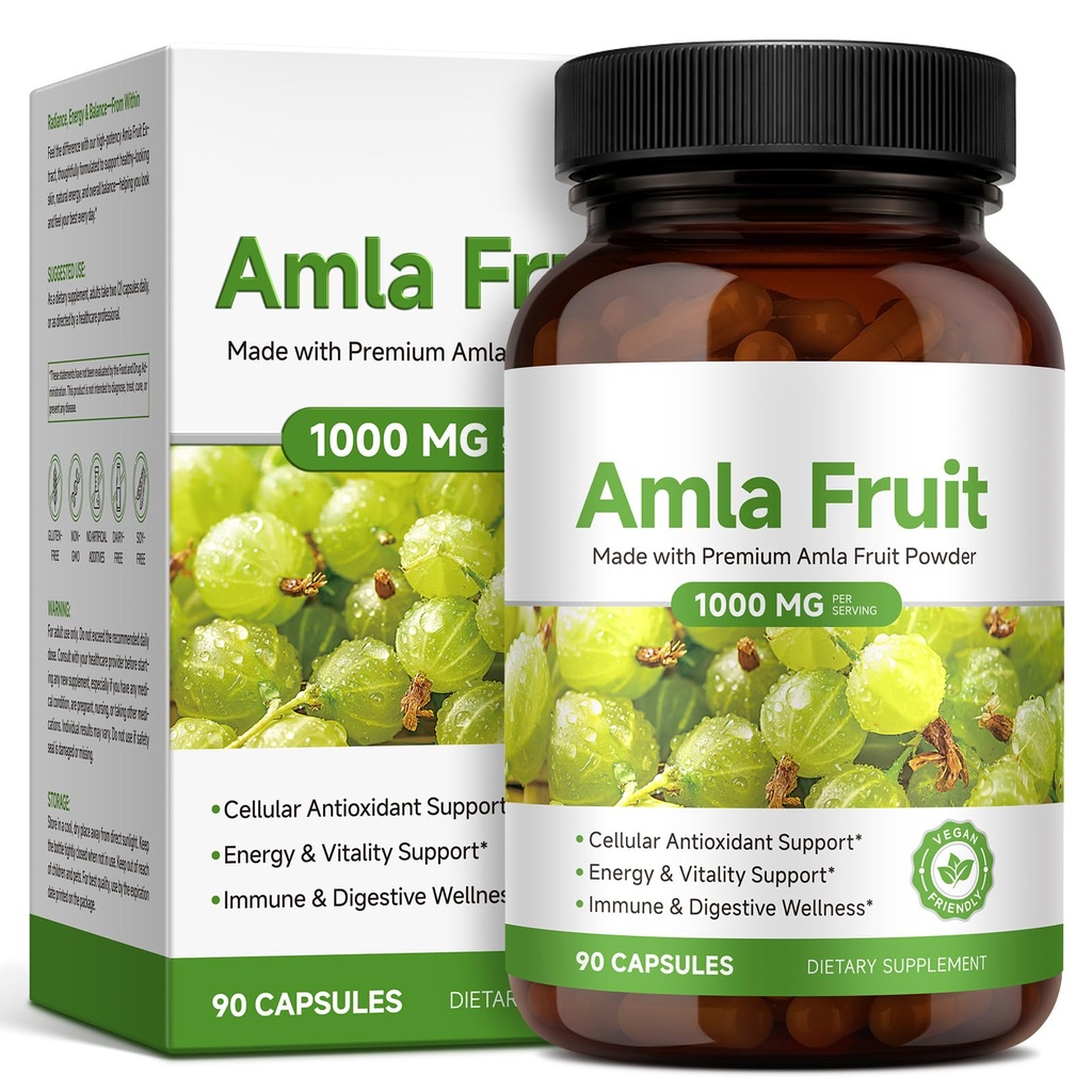Amla Fruit Supplement 1000mg - 90 Vegan Capsules - 20x Ultra-Concentrated Amla Extract Powder - High Potency Vitamin C & Polyphenols for Cellular Antioxidant Support, Glowing Skin & Digestive Wellness
