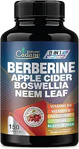 Organic Cadane Berberine Supplement 150 Kapseln, mit Neem Leaf, Apfelessig, VIT D3, E & More - Berberine Extract - Unterstützung für Immunsystem, Verdauung & Gesamtgesundheit